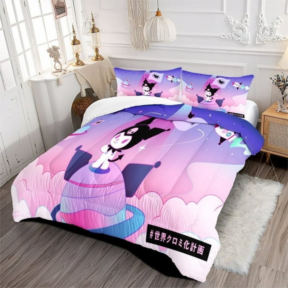 3 Pieces Purple Kuromi Bedding Sets for All Season, Kids Kawaii Comforter Set with Pillowcases, Full Size