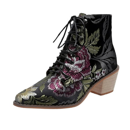 

2024 Fashion New Style versatile Women s Floral Ankle Heel Platform Boots for Women Boots Heel Fashion Print Women s Boots & Booties Low Heel Laceup Chunky Women s Boots Discounted price