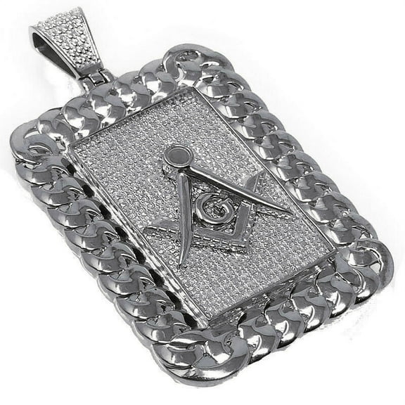 Real Genuine Diamond Freemason Masonic Pendant Miami Cuban 10K White Gold Finish G Compass Charm 2.5''