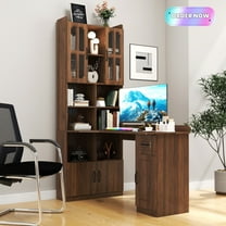 Tcbosik L-Shaped Desk with Storage, Corner Computer Desk with Hutch and Open Shelves, Study Writing Table with Drawer and Cabinets for Home Office, Space Saving, Walnut