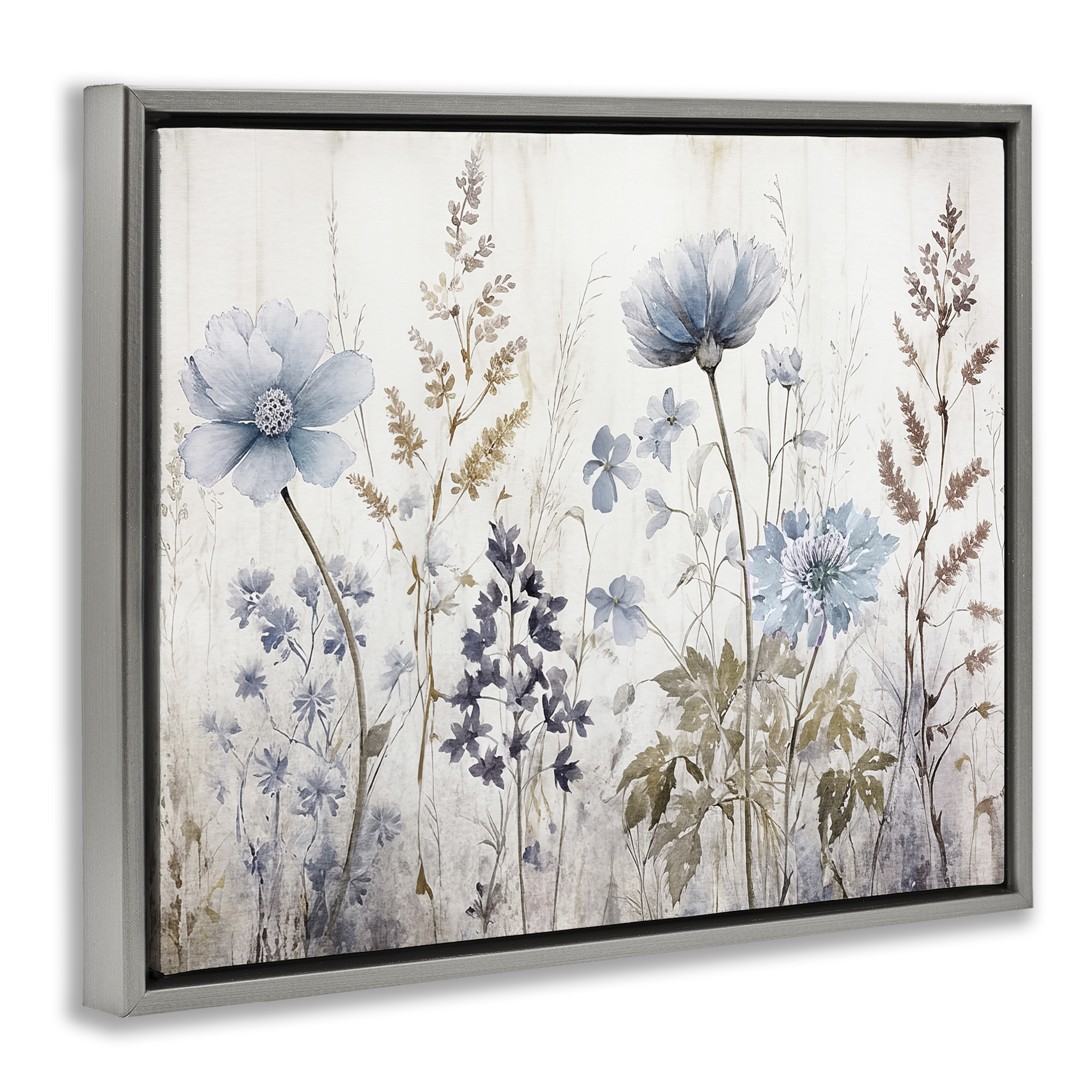 Stupell Industries Blue Nature Blossoms Plants & Flowers Painting Gray Floater Framed Canvas Art Print Wall Art, 31 x 25