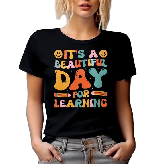 It's a Beautiful Day for Learning - Retro Groovy Wavy Text or Quote Art, Black T-Shirt, Small