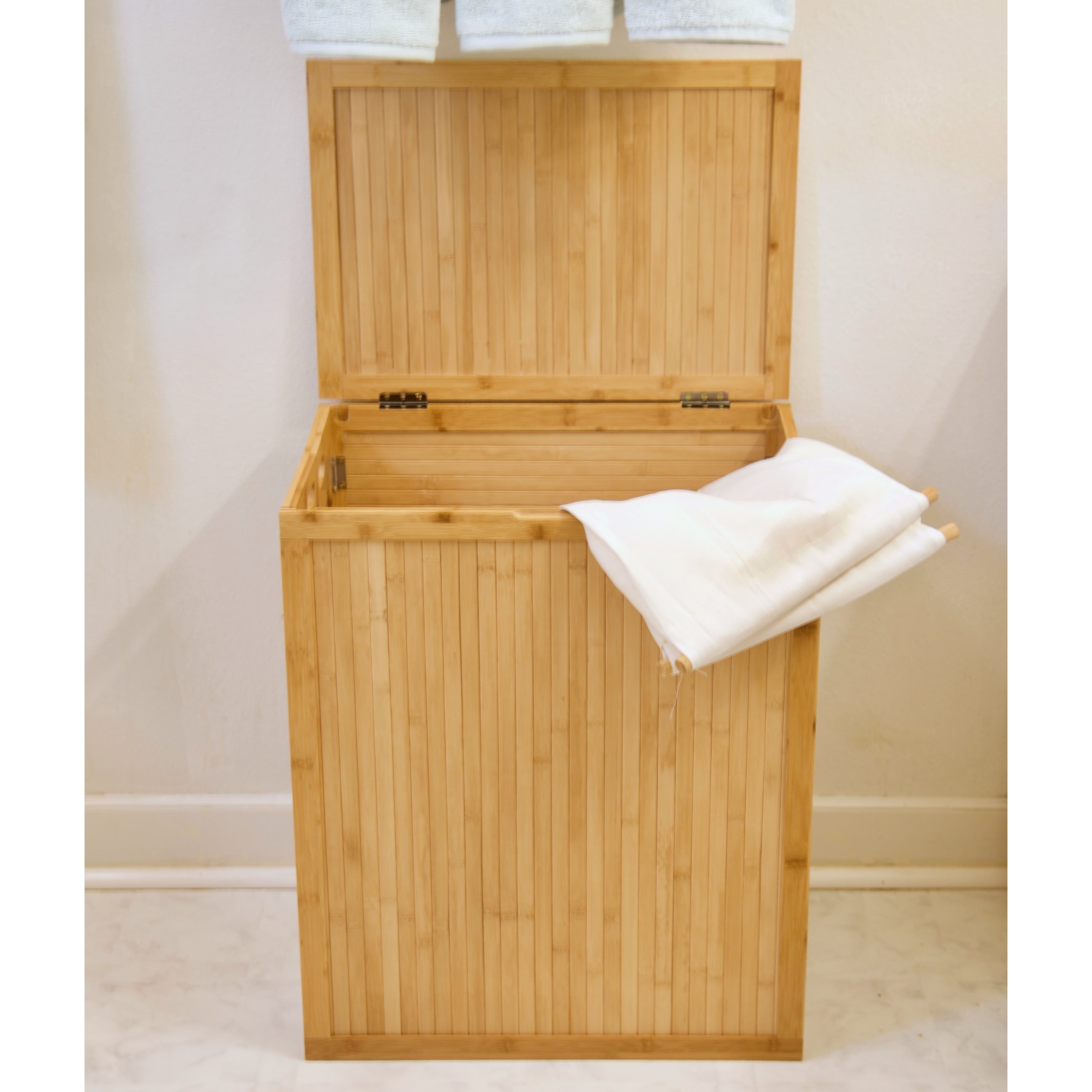 Solid Bamboo Folding Clothes Hamper w/ Removable Laundry Bag Caramel