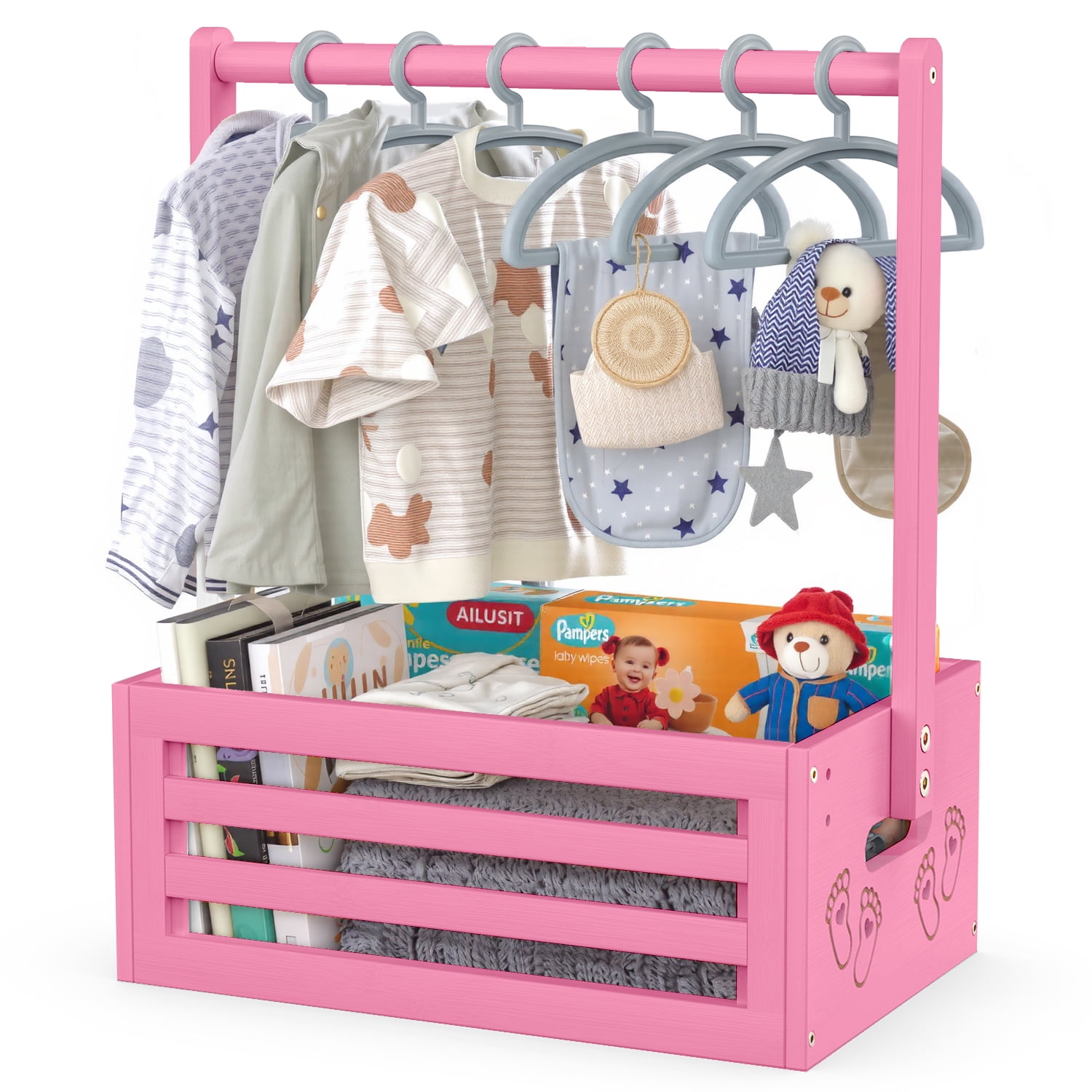 BambooHomie Baby Shower Crate Closet, Baby Baskets Box with Hangers for Newborn, Welcome Pregnancy Gift Basket for New Parents (Pink, Small Size)