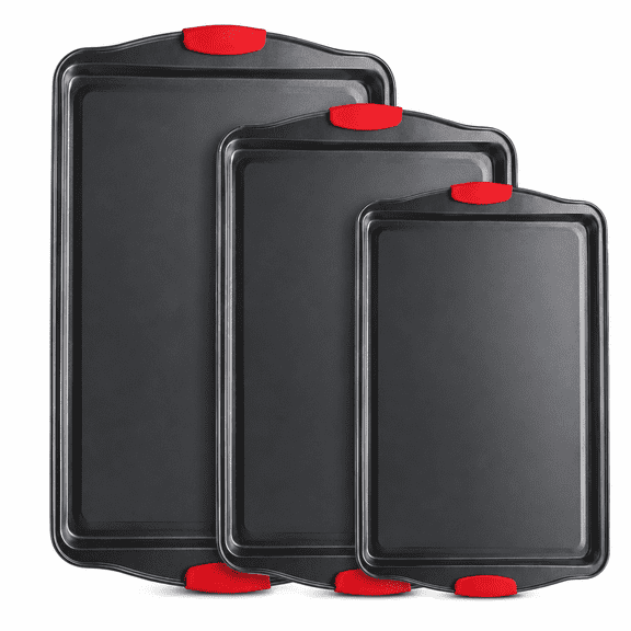 Nonstick Cookie Sheet Set, 3 Piece Carbon Steel Baking Pan Set with Red Silicone Grip Handles, Oven Safe Baking Trays for Cookies, Cakes, Vegetables and Sheet Pan Meals