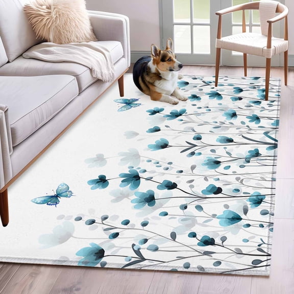 Turquoise Floral Butterfly Area Rug 3x5 Washable Rug Non Slip Spring Rustic Botanical Flowers Large Area Rug Indoor Floor Carpet for Entryway Bedroom Kitchen Living Room Office Dining Room Nursery