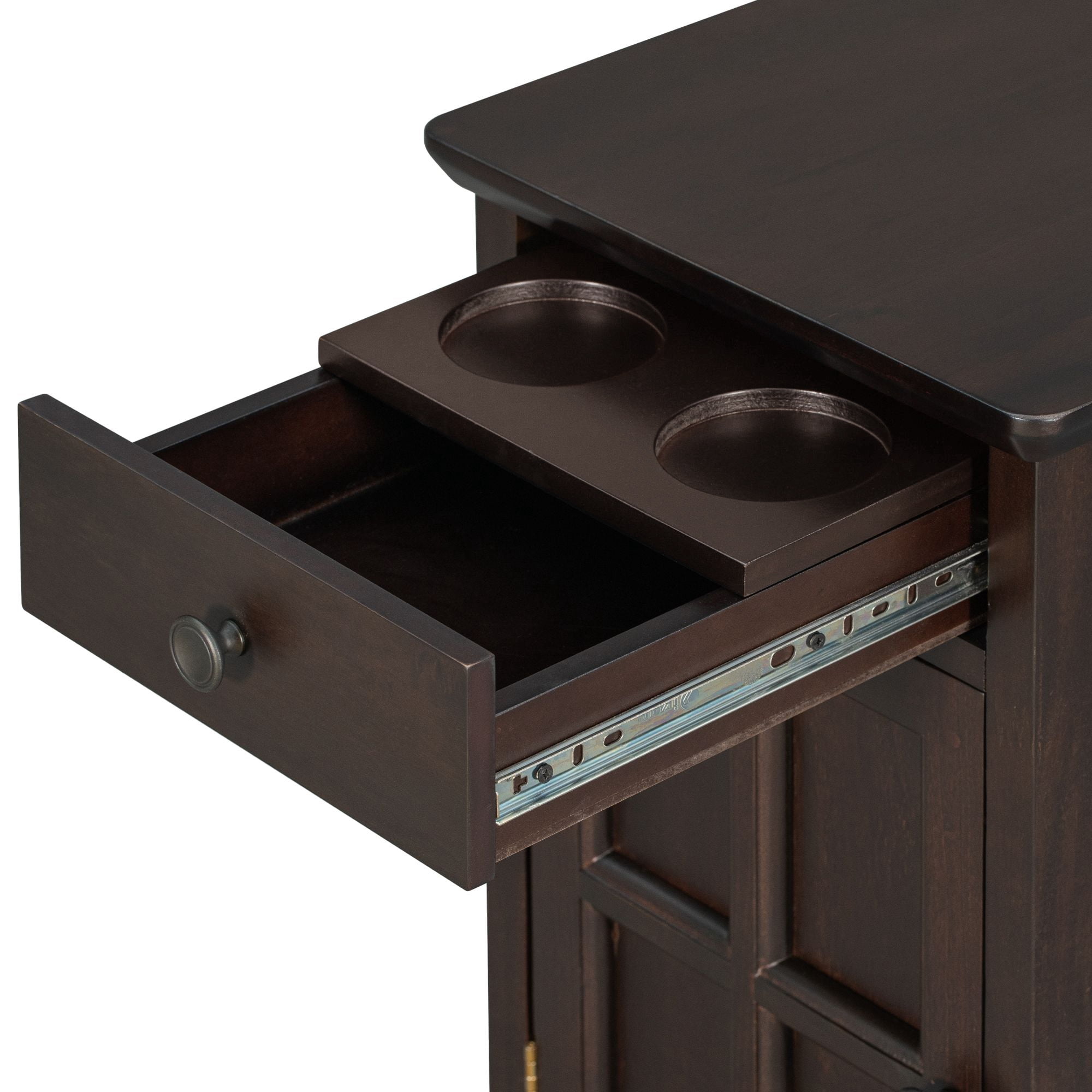Aukfa Vintage End Table with USB Ports, Drawer, and Cup Holders - Narrow Sofa Side Table for Living Room and Bedroom - Espresso