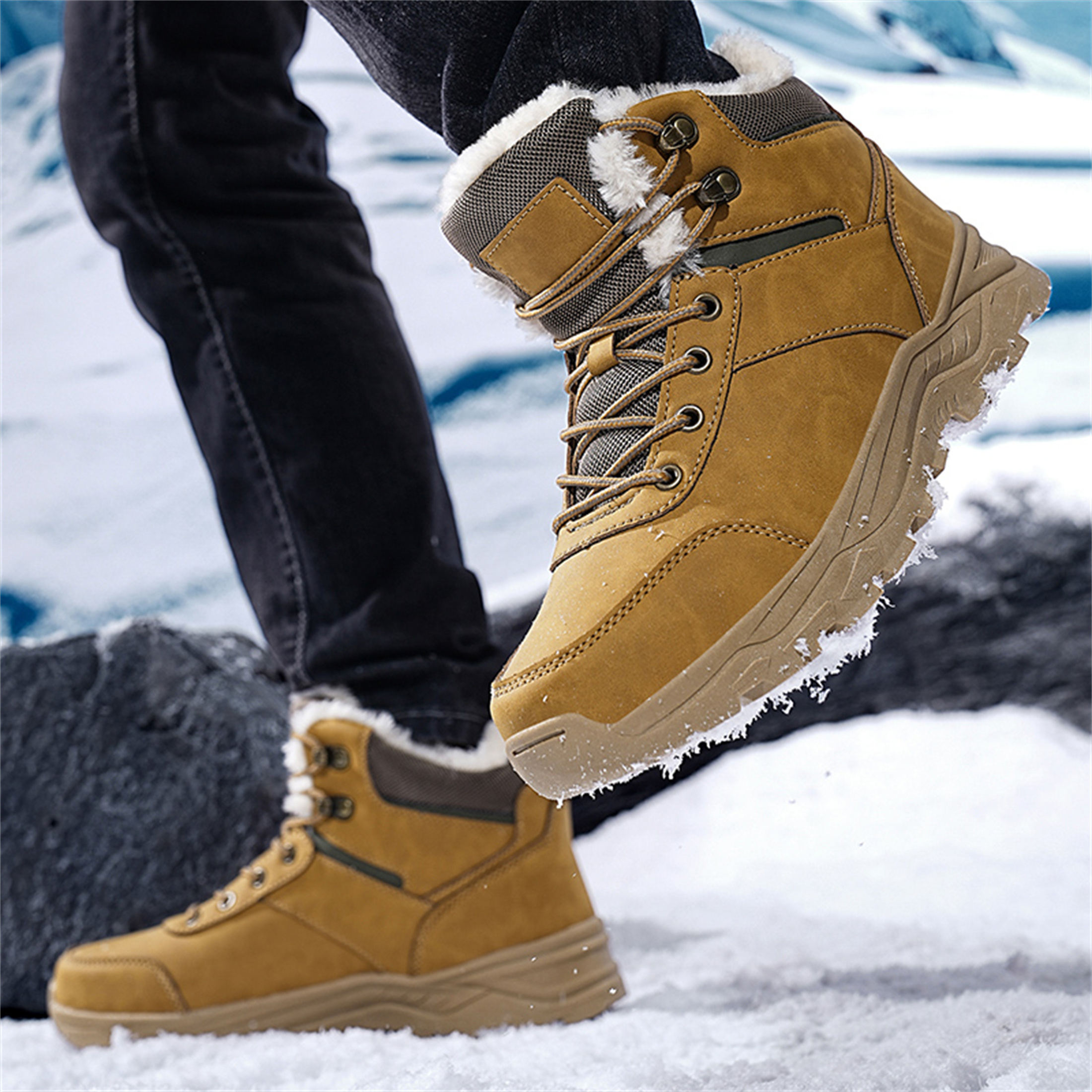 YOURDIARY Men's Ankle High Waterproof Hiking Boots Outdoor Snow Boots Trekking Trails Shoes Faux Fur Lining