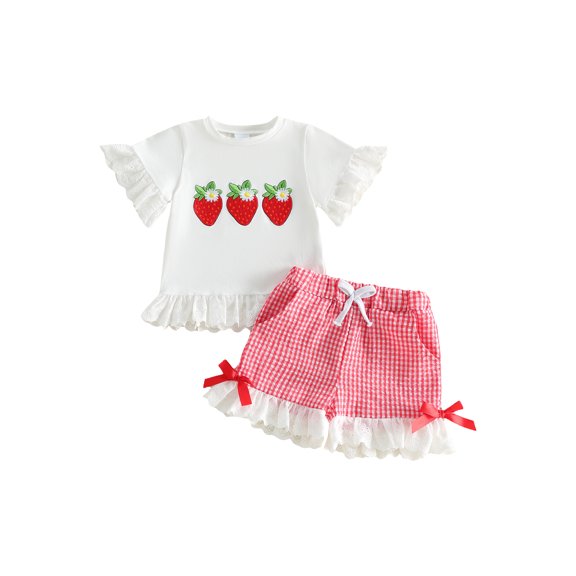 BemeyourBBs Toddler Girl Baby Summer Clothes Cute Infant Baby Girls Strawberry Outfit Strawberry Embroidery Hollow-Out Ruffles Hem Short Sleeve Shirt Tops Plaid Shorts 2Pcs Set
