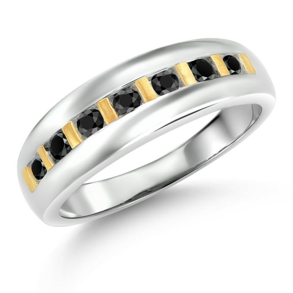 Gem Stone King Black Diamond Wedding Band Ring for Men | 925 Sterling Silver and 10K Yellow Gold | 0.46 Cttw | Round 2.5MM | Size 10