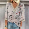 thumbnail image 5 of Lovskoo 2024 3/4 Length Sleeve Womens Tops Spring Summer Tops V Neck Shirts Lace Flowers Print Tunic Tops Casual Blouses Gray 4XL, 5 of 5