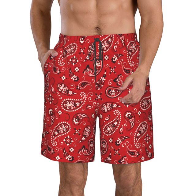 Fotbe Red Paisley Floral Trajes de Baño Estampados para Hombre, Shorts de Verano de Secado Rápido, Ropa de Playa, Bañadores-XX-Large
