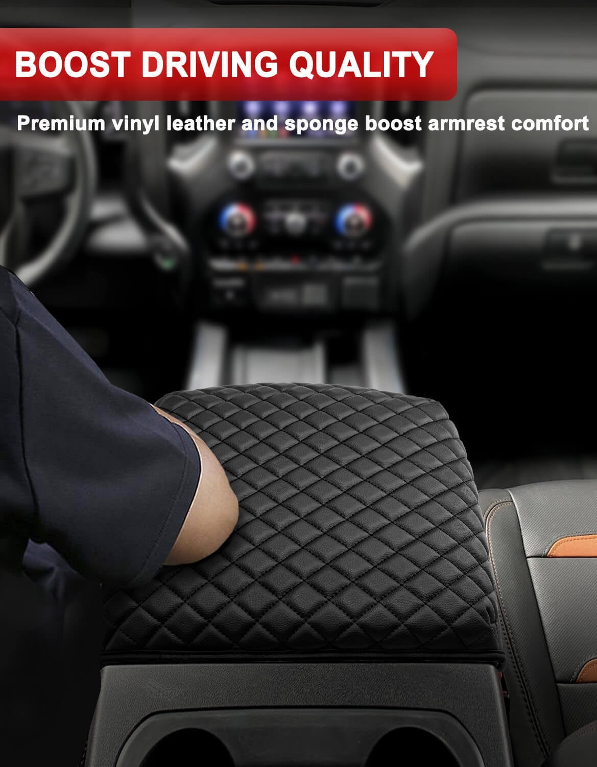 KBH Center Arm Rest Cover for Chevy Silverado GMC Sierra 2019-2026, Tahoe Suburban Yukon 2021-2026, Black Leather Middle Console Lid Armrest Cushion Pad, Bucket Seat Only