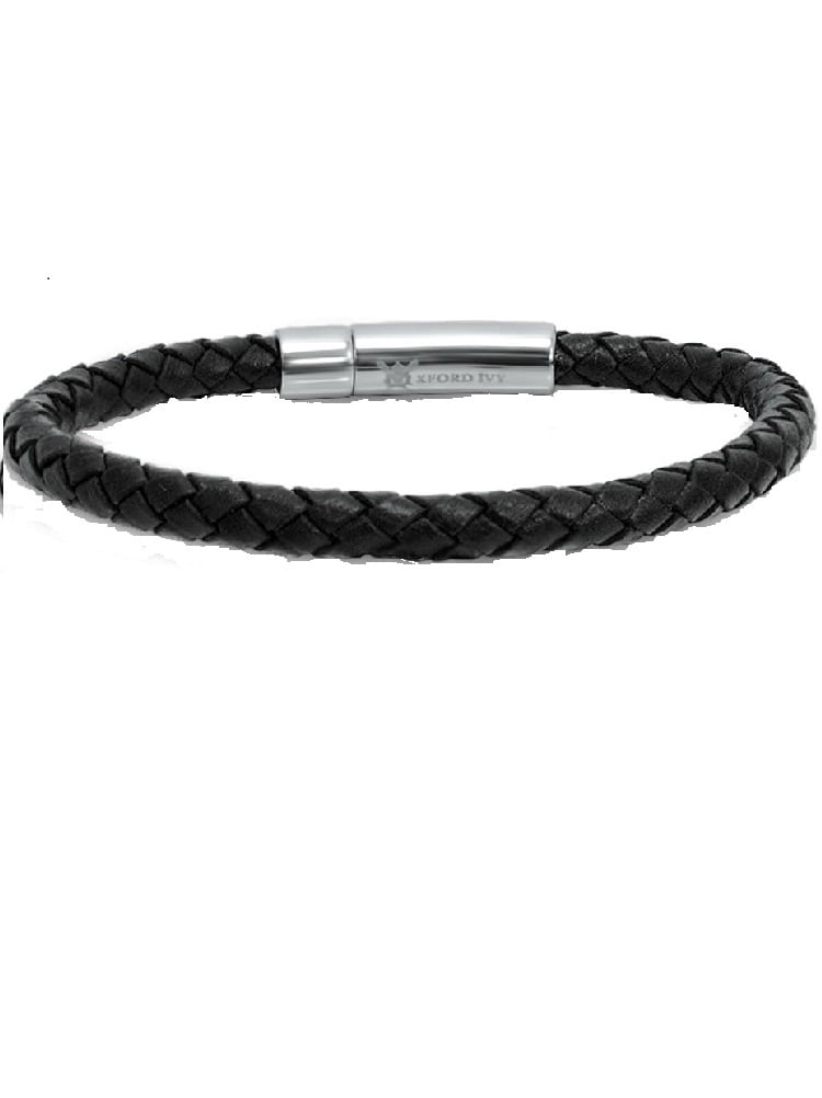 Oxford Ivy Braided Black Leather Mens Bracelet 6 mm 8 1/2 inches with Locking Stainless Steel Clasp