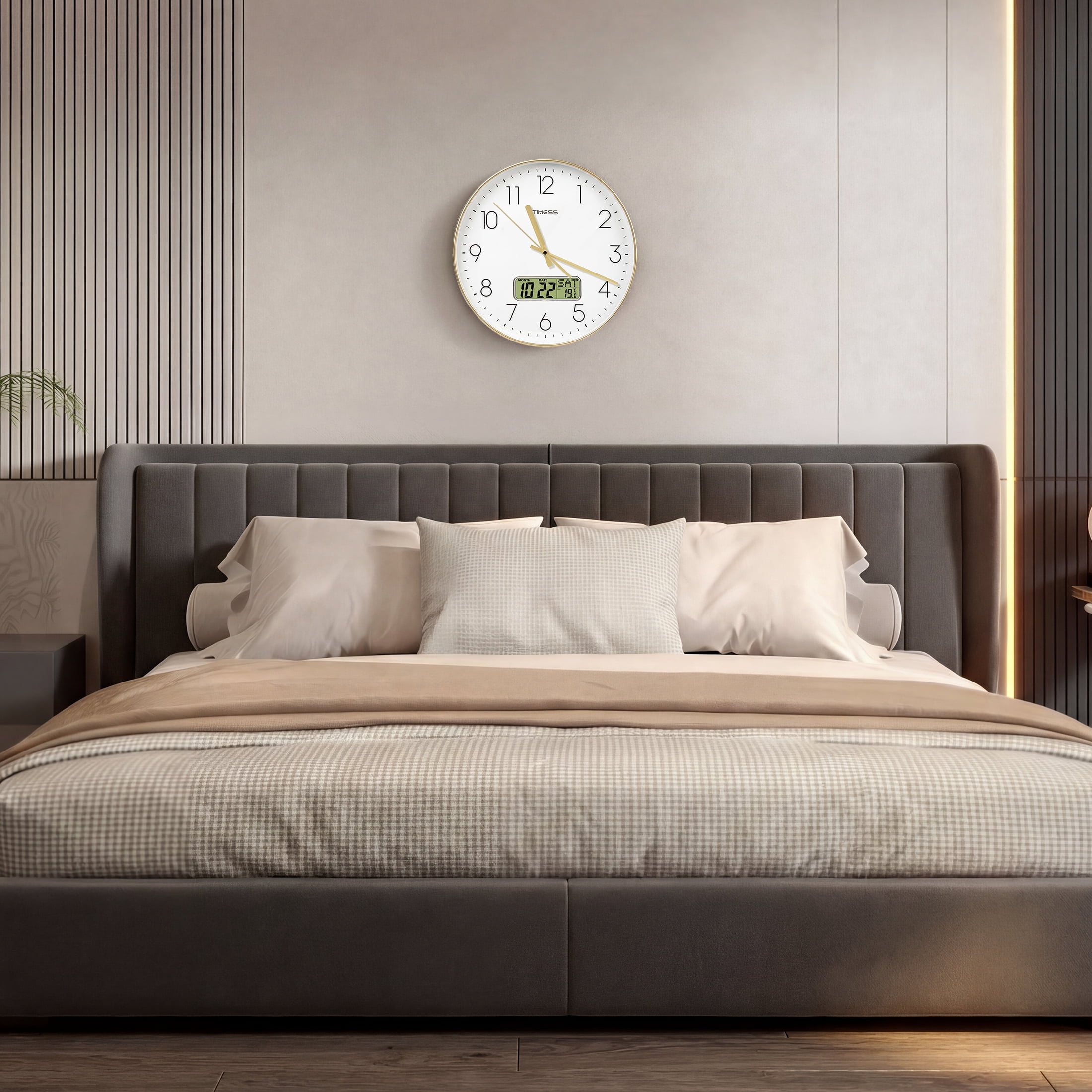 TIMESS 12 Inch Silent Wall Clock with Date Display, Large Easy-Read Numbers, Battery Operated, Modern Home Clock (Gold)