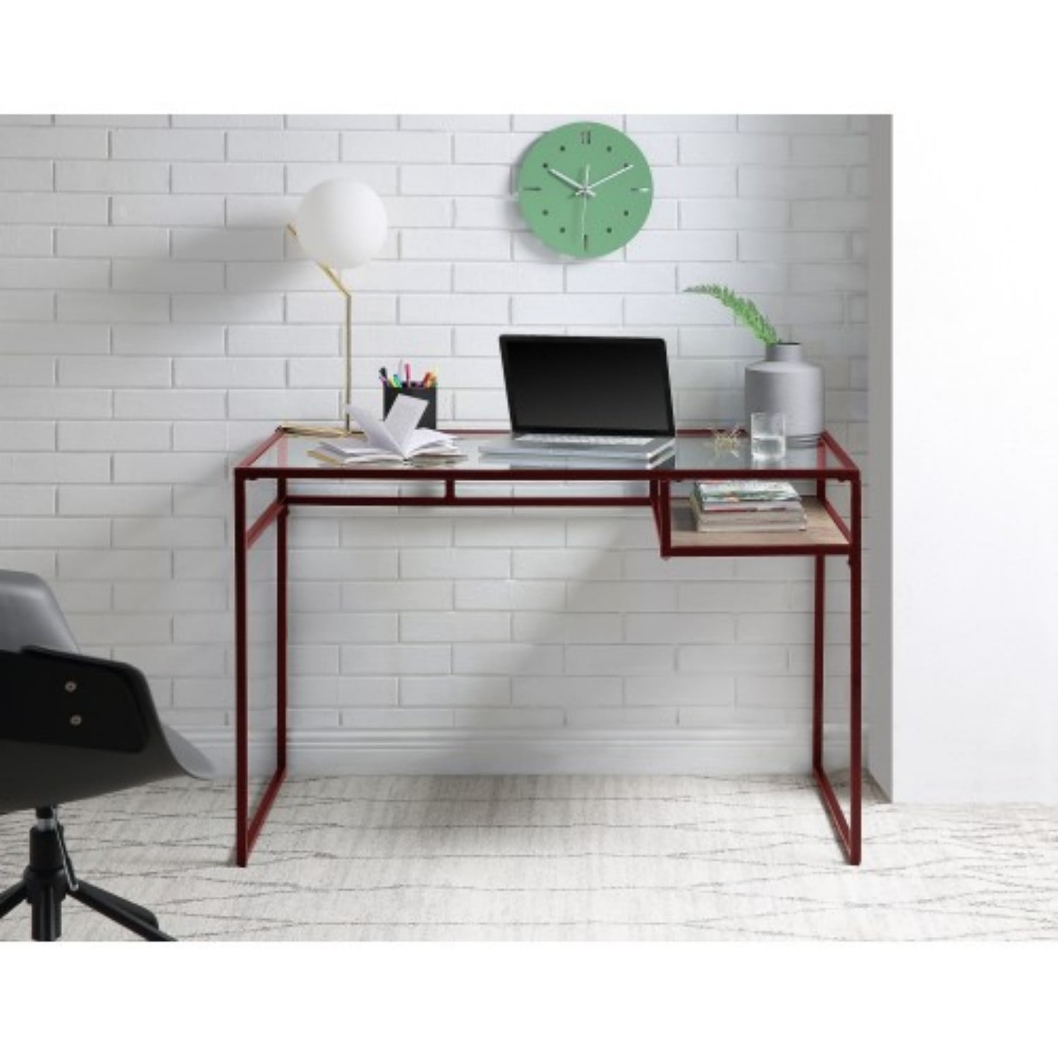 Modern Glass Top Writing Desk with Metal Frame, Red Home Office Computer Desk with Open Shelf for Study Bedroom Workspace