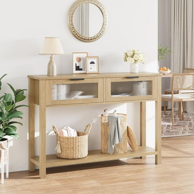 2-Tier Console Table with Storage & Glass Drawers for Entryway, Living Room, Hallway