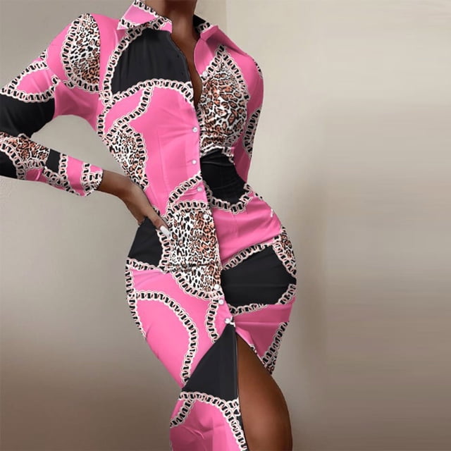 FcBaudy Robe à Manches Longues Col en V, Robes d'Été pour Femmes, Robes pour Femmes Robe Col Rabattu Manches Longues Imprimé Chemise à Boutons Robe pour Femmes