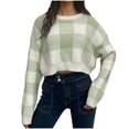 thumbnail image 2 of Qetyuw Cropped Sweater for Women Plaid Loose Fit Crew Neck Long Sleeve Sweaters Chunky Casual Checkered Pullover Jumpers, 2 of 3
