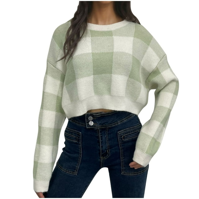 cfhntfmh Chandails Courts pour Femmes 2024 Automne Tendance Chandails Surdimensionnés Manches Longues Col Rond Chandail à Enfiler Hauts