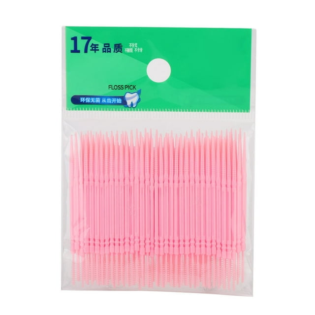 Bolsa de 100 palillos de dientes de doble cabezal para limpieza bucal (rosa)