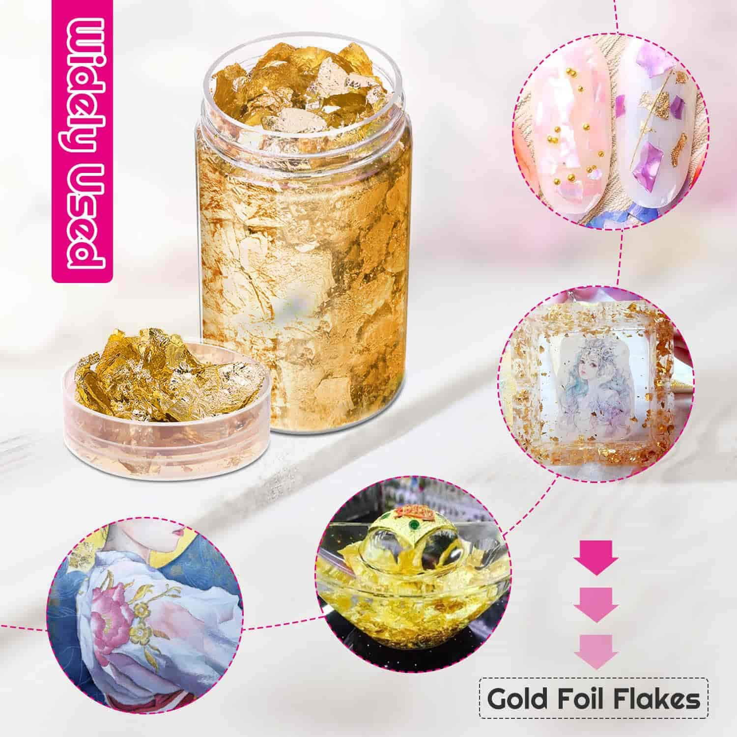 YULIKTOR Gold Foil Flakes for Resin,3 Bottles Metallic Foil Flakes 15 Gram,Imitation Gold Foil Flakes Metallic Leaf for Nails, Painting, Crafts