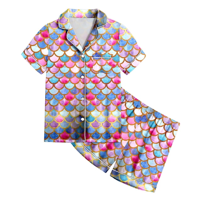 Pjs pour Filles Ensembles de Pyjamas en Satin 2 Pcs pour Enfants Imprimé Graphique Chemise à Manches Courtes à Boutons Ensemble de Shorts Pyjama Bébé Fille Multicolore 4 Ans-5 Ans