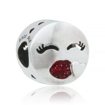 Enamel Animal Charm - Kiss emoji silver charm w/glitter cerise enamel Charm 796561EN152