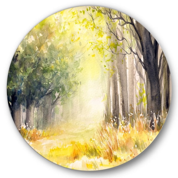 Designart 'Bright Sunshine Through The Yellow Forest Trees III' Traditional Circle Metal Wall Art 36x36 - Disc of 36