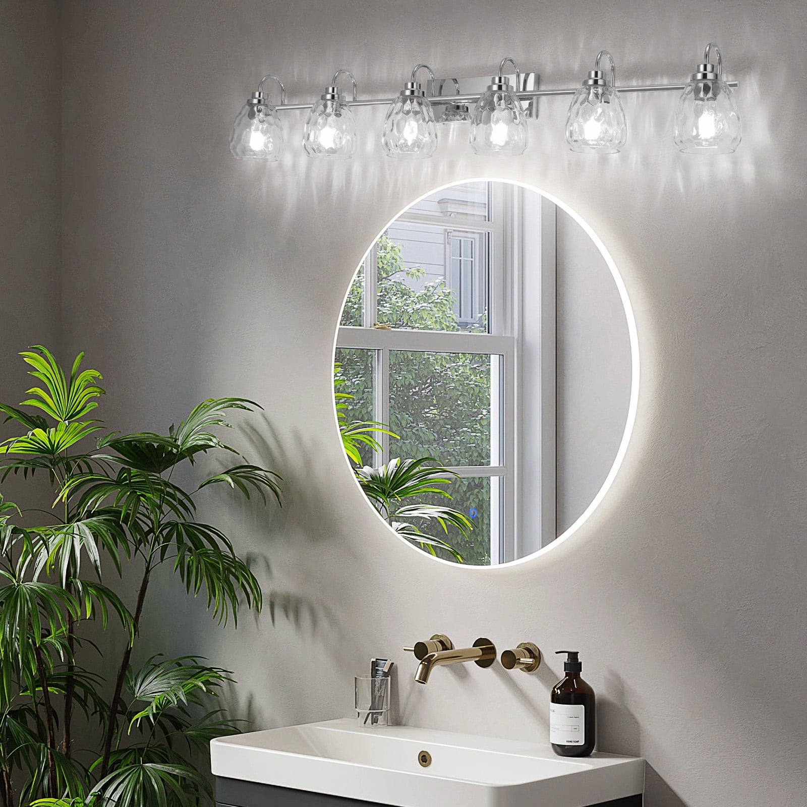 3/4/5/6 Light Bathroom Light Fixtures, Chrome Vanity Light Fixtures Over Mirror Wall Mount Lighting Fixture with Hammered Glass Shade E26 Socket for Hallway Kitchen Bedroom Living Room