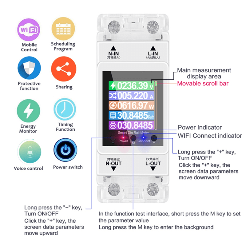 AT2PW 100A Tuya WIFI Din Rail Energy Meter Smart Switch Remote Control AC 220V Digital Volt Kwh Frequency Factor Meter,as shown