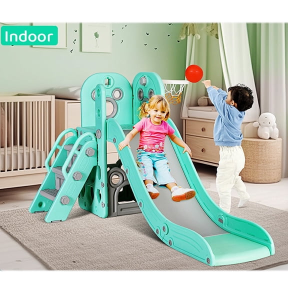 LAZY BUDDY 4 in 1 Toddler Slide & Climber Playset with Basketball Hoop, Non-Slip Steps, Indoor Outdoor Kids Toy