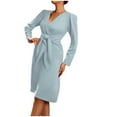 thumbnail image 2 of Drppepioner Robe pour Femme Décolleté en V Profond Manches Longues Ceinture à la Taille Volants Mini Évasée Patineuse Robes Mode Femmes Aguichant Uni Fermeture Éclair Manches Longues Décolleté en V Robe Régulière Bleu Ciel, 2 of 9