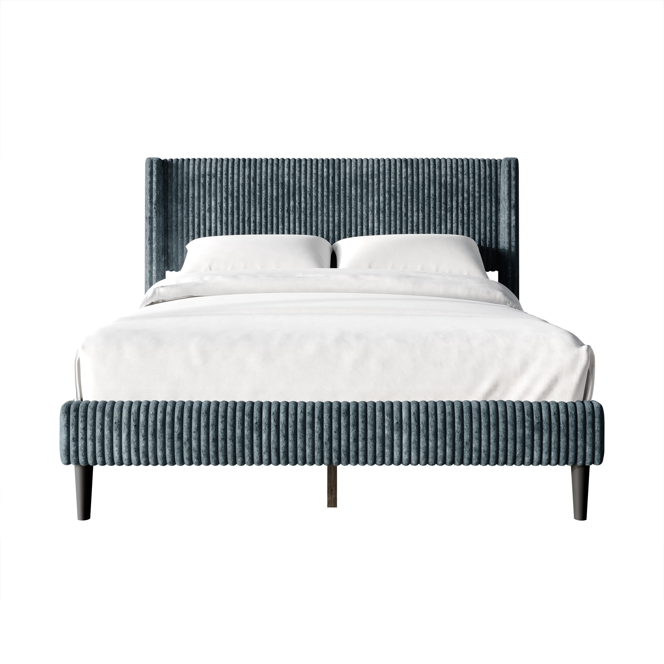 Castle Place Modern Wingback Corduroy Velvet Upholstered King Platform Bed, Light Blue