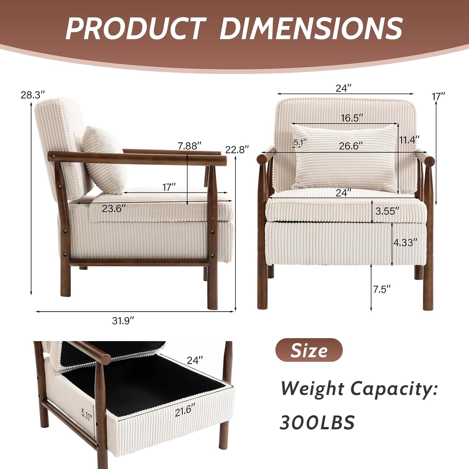 MOONMISS Accent Chair with Hidden Storage, Armchair with Solid Wood Frame, Corduroy Fabric Accent Chair for Living Room,Beige