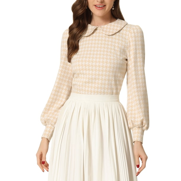 INSPIRAR CHIC Blusas de Manga Larga con Cuello Peter Pan de Houndstooth y Botones en la Espalda L Caqui