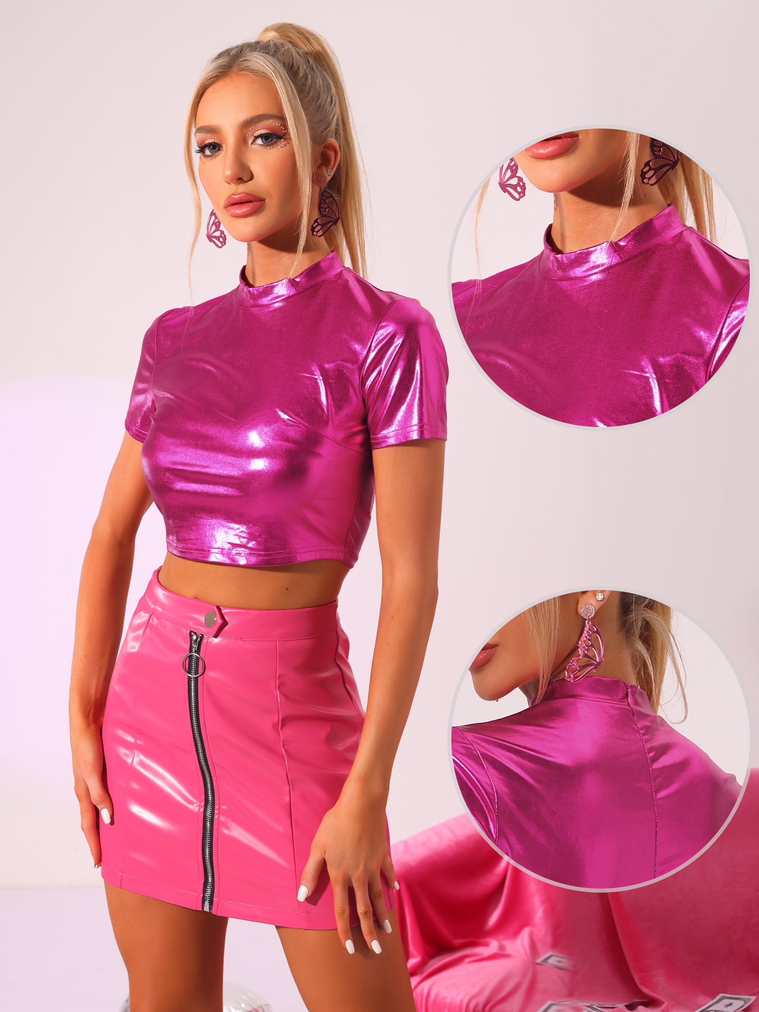 DARING DIVA Women's Mock Neck Short Sleeve Metallic Crop Tops T-Shirts L Hot Pink