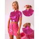 thumbnail image 2 of Disfraz de navidad Top corto metalizado de manga corta con cuello alto para mujer Rosa Caliente L, 2 of 6