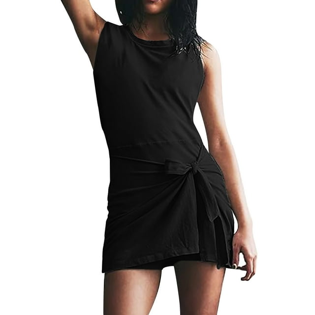 aidice Combinaisons d'Été pour Femmes Combinaisons Col Rond Sans Manches Slim Décontracté Nœud Irrégulier Shorts