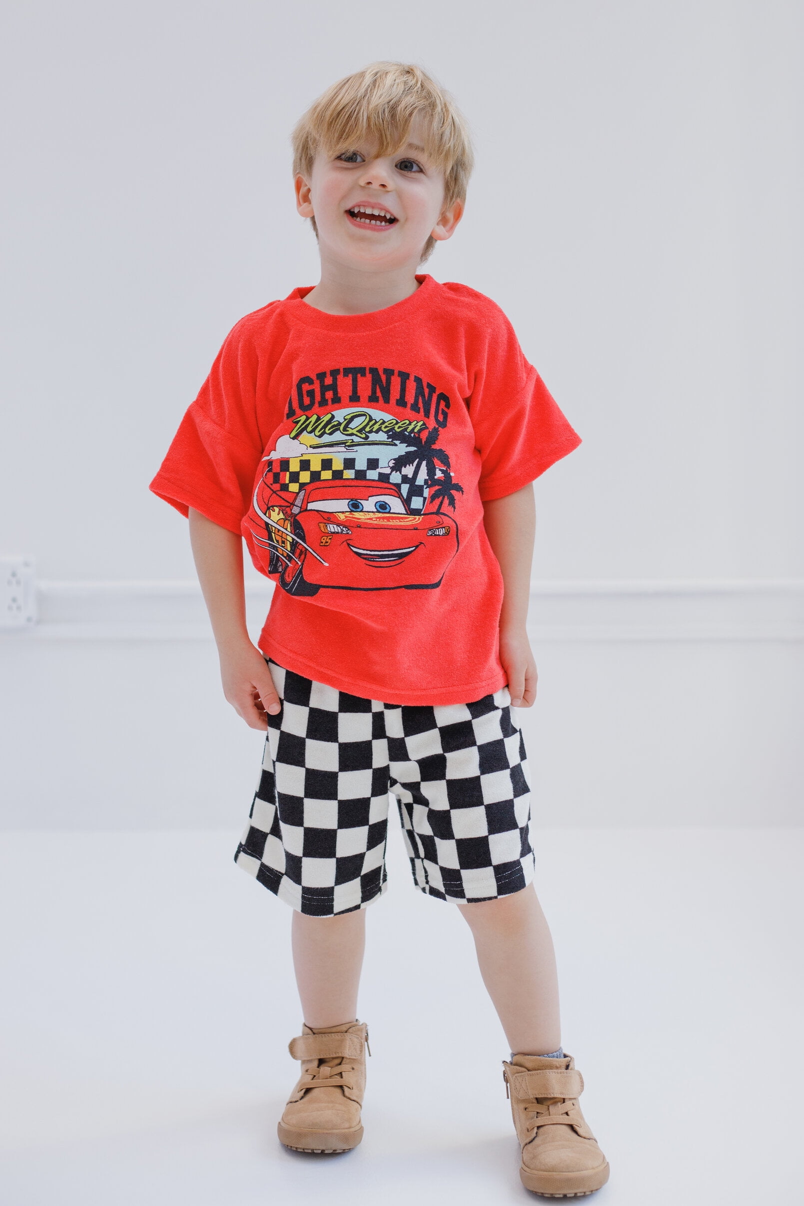 Disney Cars Toddler Boys' Loop Terry 2-Piece T-Shirt and Shorts Set Lightning McQueen Red