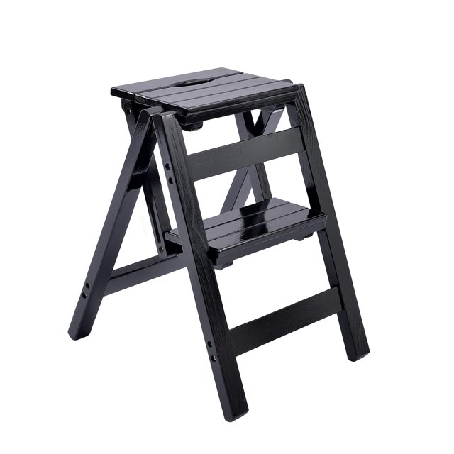 Folding Step Stool Step Ladder 3 Tier, Multi-Functional Folding Solid Wood Ladder Stool, Step Stool Household Muliti-Color Step Ladder Stool for Household and Office 330lbs,Black,2step
