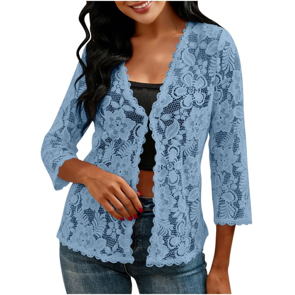 Lmueinov Women Lace Open Front Cardigan Sweaters 3/4 Sleeve V-Neck Scalloped Hem Summer Casual Loose Fit Top Solid Color lightweight Stretchy Beach Cover Up