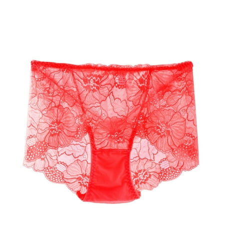Lace Underwear Briefs for Women 1-Piece High Waist Panty Lightweight Breathable See-Through Panties (X-Large  Red)