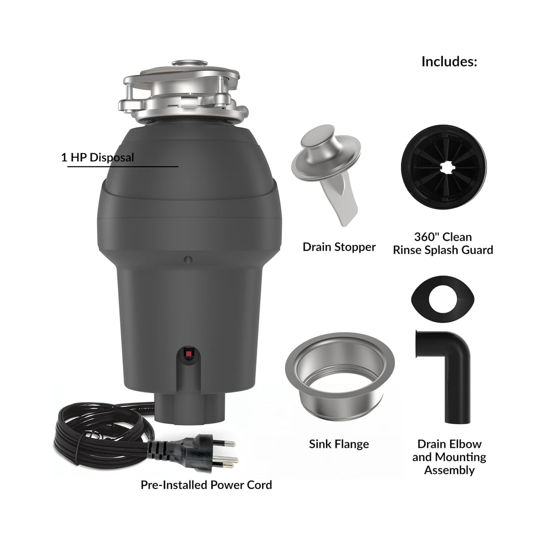 Home Kitchen Garbage Disposal 1 H P 1/2 H P 3/4 H P , Continuous Feed Food Waste Disposer with Air Switch & Flange Seal, Stainless Steel Garbage Disposer, Compact Food Waste Grinder for Kitchen Sink