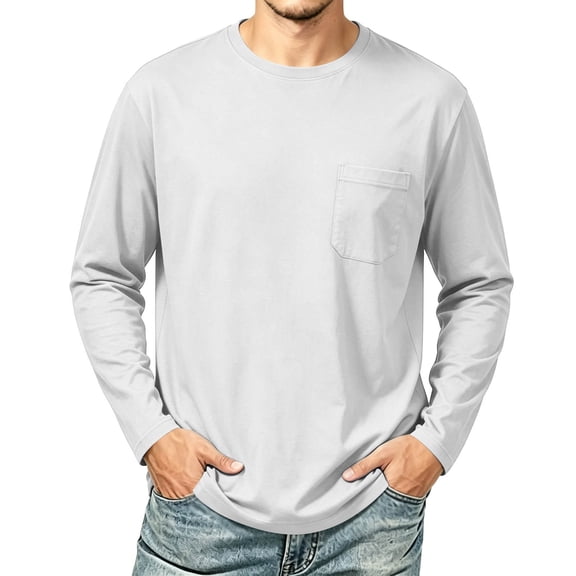 Hngshg T-Shirts for Men Comfort Long Sleeve Pocket Lounge Tops Casual Solid Color Crew Neck Pullover Tee Shirts