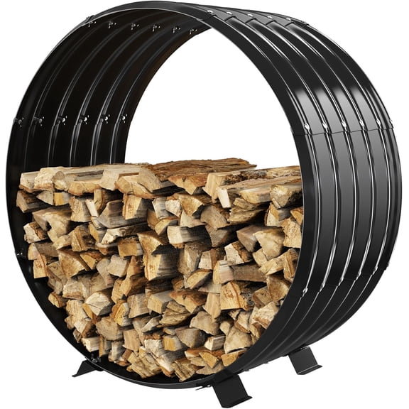 Round Heavy Duty Galvanized Wave-Shaped Firewood Rack with 4 Legs, 2.7-Foot Diameter, Black Coated