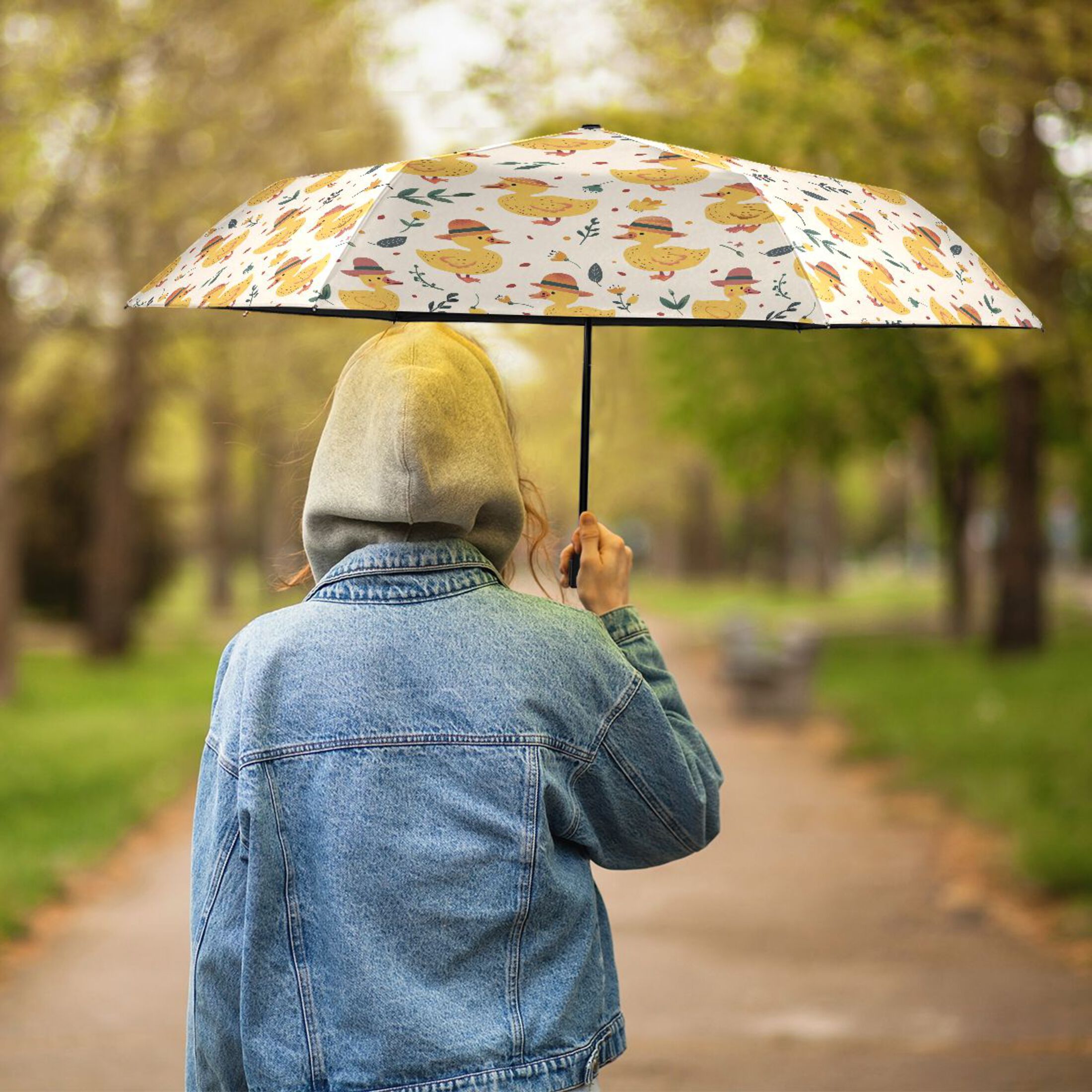 Cute Ducks with Hat Compact Sun Umbrella Windproof Travel Umbrellas for Rain Strong Portable UV Protection