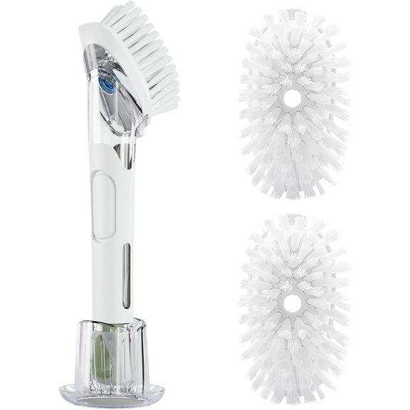 Dish Brush with Soap Dispenser Storage Set, Soap Dispensing Dish Brush with 2 Pcs Brush Refills & Holder, Kitchen Dish Washing Wand with Handle for Dishes/Pans/Pots/Sink (White)