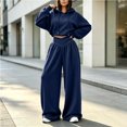 thumbnail image 6 of Szluipve 2 Piece Sets for Women 2 Piece Tracksuit V‑Neck Drawstring Hoodie Top High Waist Pleated Wide Leg Pants Set Casual Loose Matching Loungewear Outfit With Pockets Navy S, 6 of 7