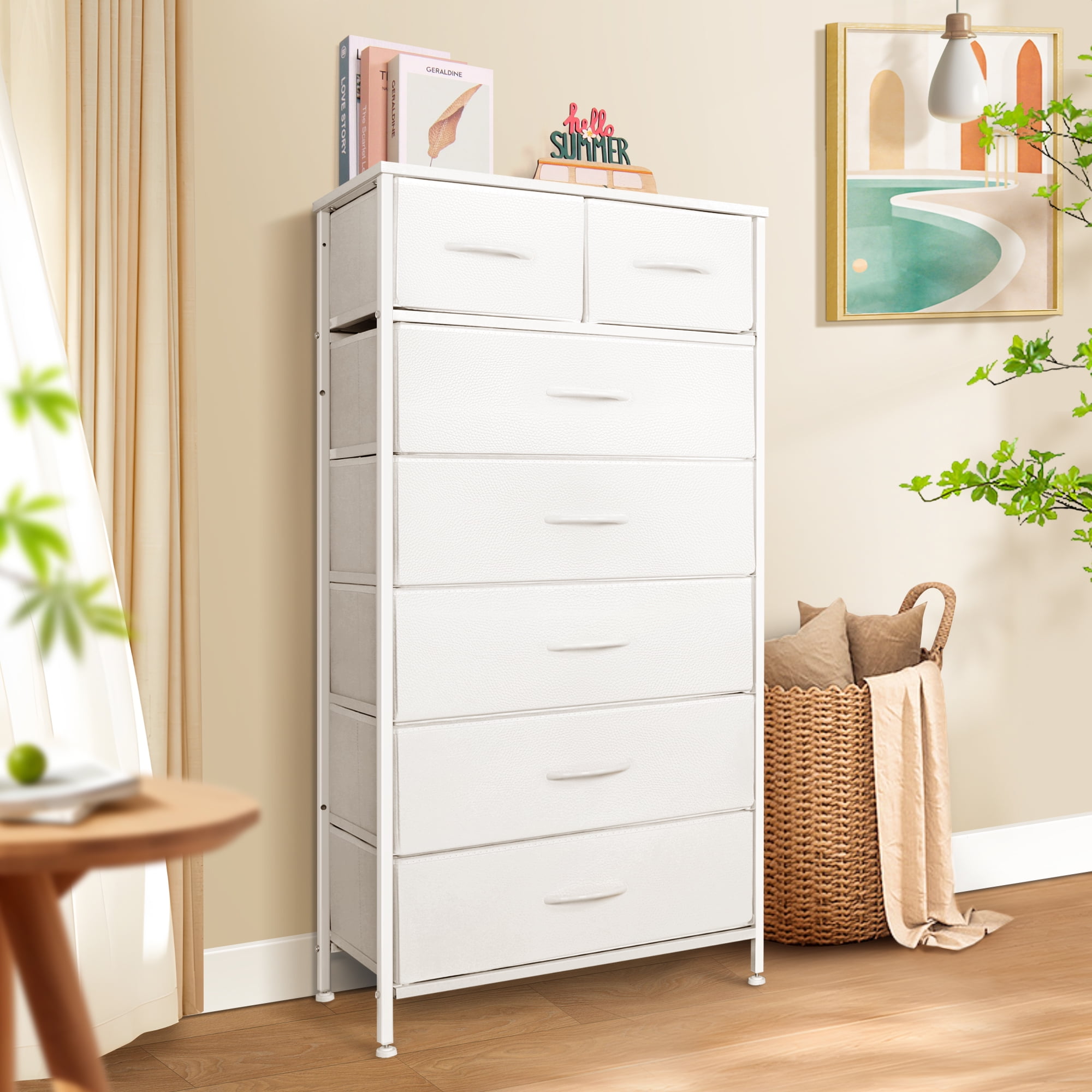 Tall Dresser with 7 Drawers for Bedroom, 5+2 Vertical Storage Organizer Tower, Chest of Drawers with Fabric Bins, Steel Frame, Handle, Wood Top for Home Living Room, Closet, Entryway - White